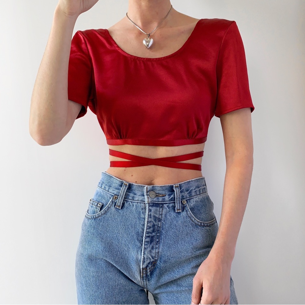 Zara Studio red satin short sleeve crop top w/ ribbon cross tie at waist
